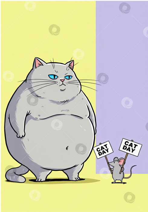 Скачать Милый кот и маленькая мышка празднуют Международный день кошек. Забавный мультфильм с изображением животных для праздничной поздравительной открытки. фотосток Ozero