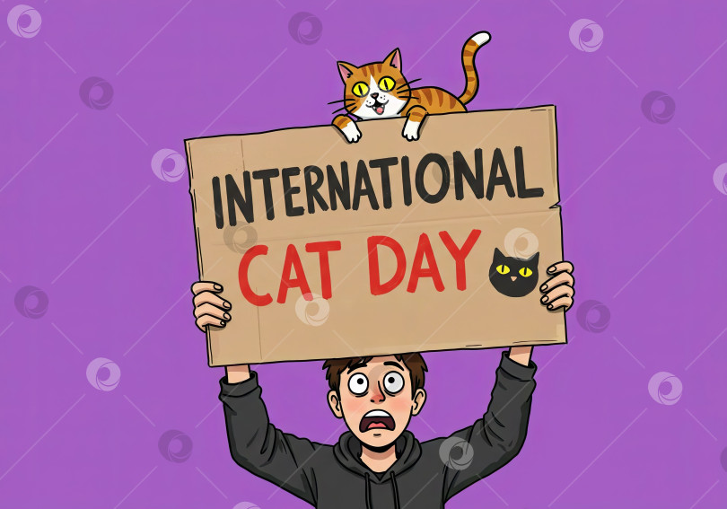 Скачать Белый мужчина держит в руках табличку с изображением оранжевого кота, посвященную Международному дню кошек. Мультяшная иллюстрация для празднования дня домашних животных. фотосток Ozero
