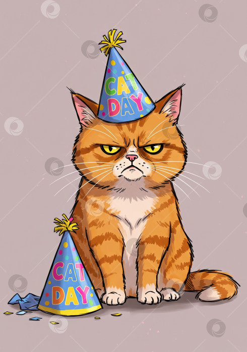 Скачать Недовольный оранжевый кот в синей праздничной шапочке с надписью "День кошек". Концепция недовольного питомца для празднования Международного дня кошек. фотосток Ozero