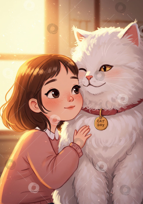 Скачать Милая маленькая девочка обнимает своего большого пушистого белого кота. Общение с животными и дружба между домашним животным и ребенком. Иллюстрация к Международному дню кошек. фотосток Ozero