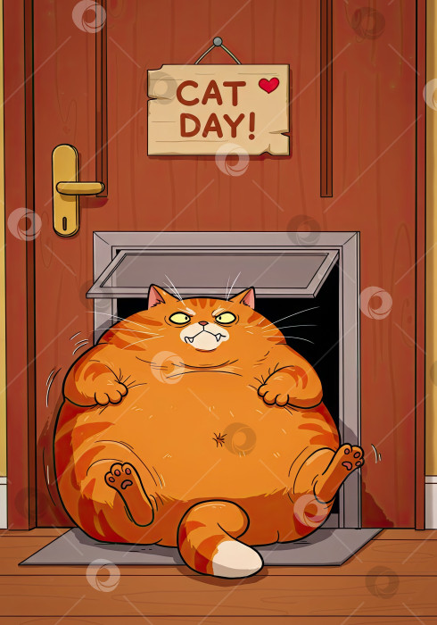 Скачать Толстый рыжий кот, застрявший в двери для домашних животных и выглядящий раздраженным из-за знака "День кошек". Забавный юмористический мультфильм о домашних животных. фотосток Ozero