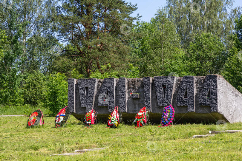Скачать Венки у горизонтального монолита с датами обороны Ленинграда «1941-1944» мемориального комплекса «Лемболовская твердыня» в солнечный день. фотосток Ozero