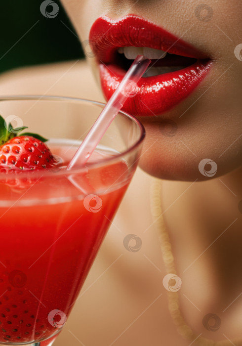 Скачать Женщина с красной помадой пьет освежающий клубничный коктейль из бокала, используя элегантную соломинку для вечернего напитка. фотосток Ozero