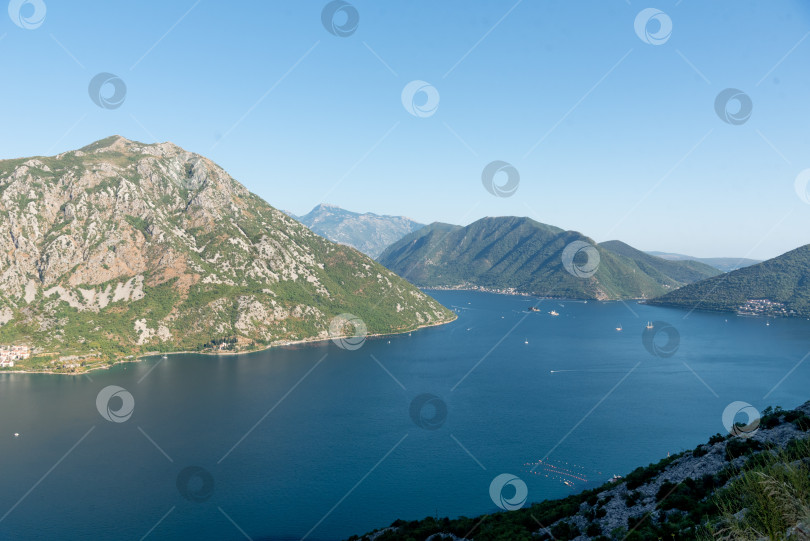 Скачать Боко-Которский залив в Черногории на берегу Адриатического моря, летний пейзаж в солнечный день фотосток Ozero