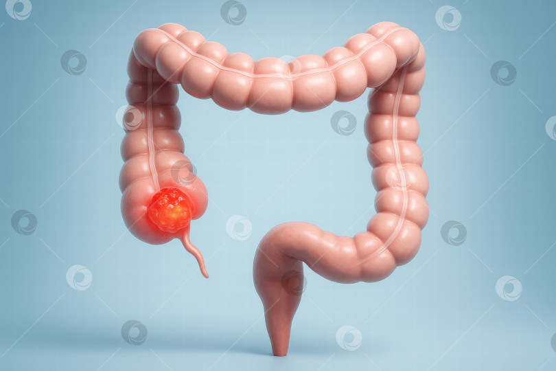 Скачать Иллюстрация толстой кишки с полипом, визуализированная на голубом фоне. фотосток Ozero