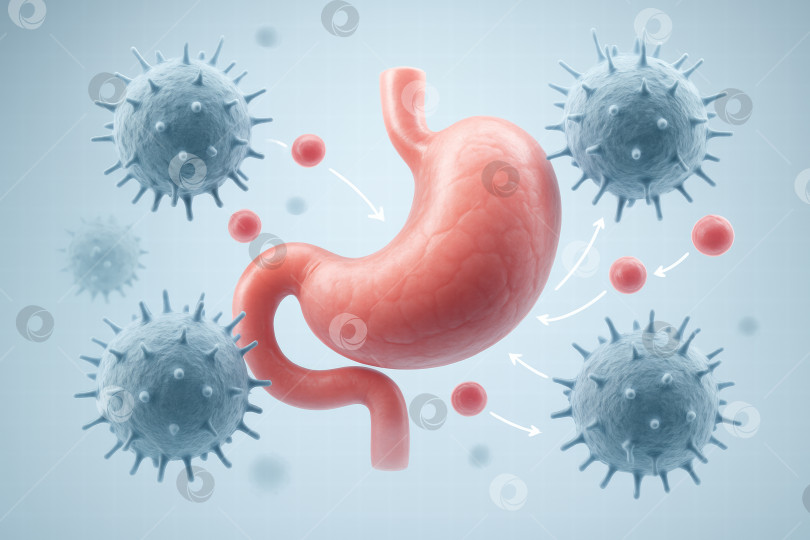 Скачать Рендеринг желудка с вирусами вокруг на голубом фоне, иллюстрирующий инфекции или болезни. фотосток Ozero