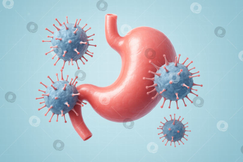 Скачать 3D-иллюстрация желудка, окружённого вирусами, на голубом фоне. фотосток Ozero