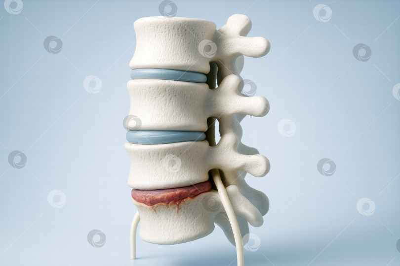 Скачать Макет позвоночника с повреждённым межпозвоночным диском на голубом фоне. фотосток Ozero
