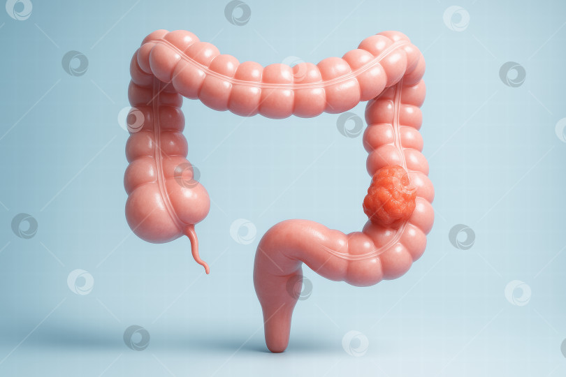 Скачать Анатомическая модель толстой кишки с изображением опухоли на голубом фоне. фотосток Ozero