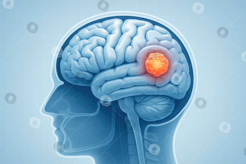 Скачать Иллюстрация мозга с ярко выделенной опухолью в боковой проекции черепа. фотосток Ozero