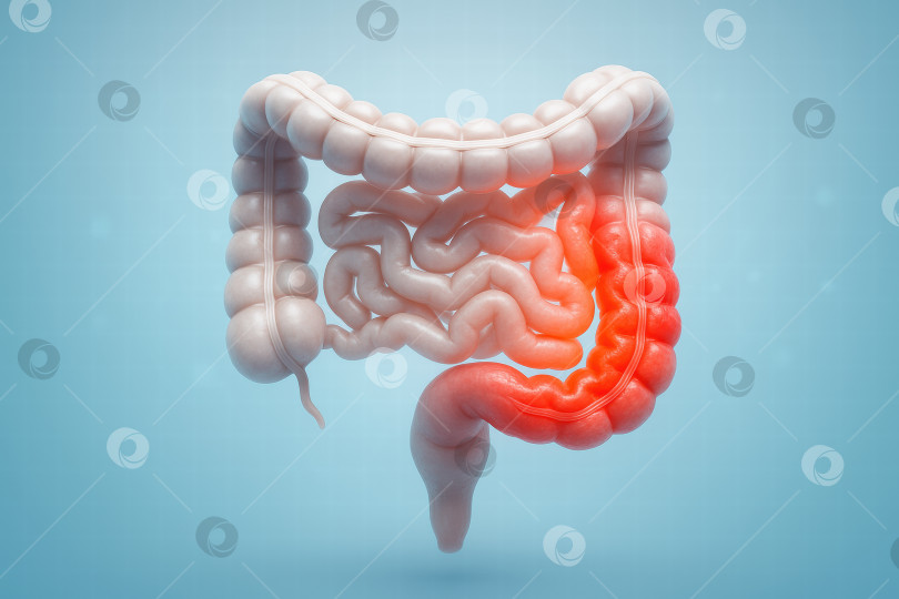 Скачать 3D изображение человеческого кишечника с выделенной красным областью воспаления фотосток Ozero