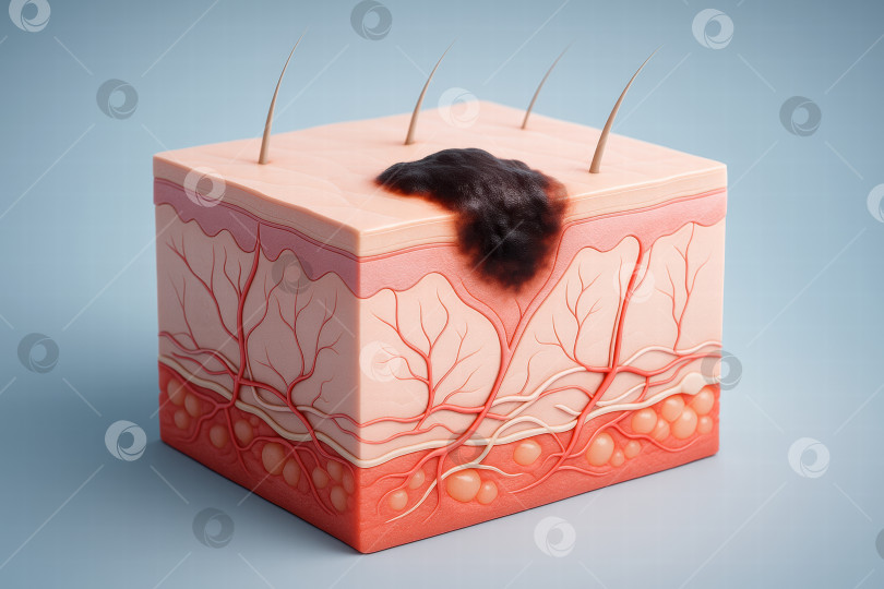 Скачать 3D-модель кожи с опухолью меланомы, показаны слои дермы и эпидермиса. фотосток Ozero