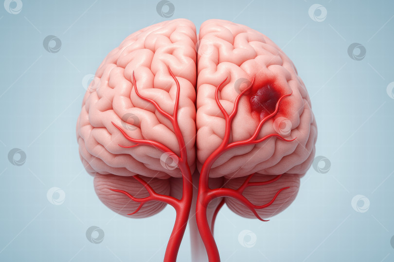Скачать 3D-иллюстрация человеческого мозга с красным пятном, символизирующим инсульт фотосток Ozero