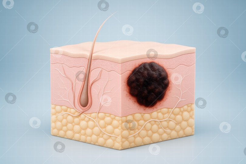 Скачать 3D-модель кожи с опухолью меланомы, показаны слои дермы и эпидермиса. фотосток Ozero