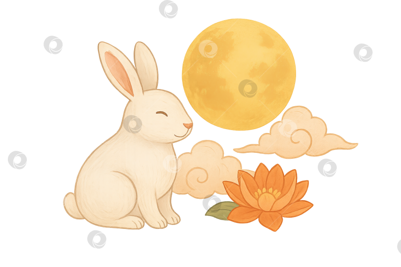 Скачать Кролик на празднике середины осени с полной луной и цветком лотоса, изолированный PNG фотосток Ozero