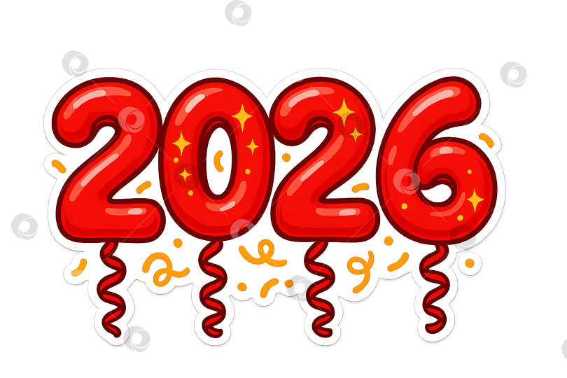 Скачать Новый 2026 год красные воздушные шары с праздничным конфетти, изолированная прозрачная наклейка png фотосток Ozero
