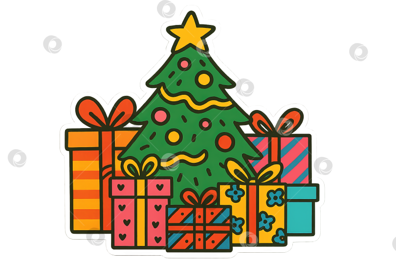 Скачать Рождественская елка с подарками в мультяшном стиле в качестве красочного фона. Изолированные изображения на прозрачном фоне фотосток Ozero
