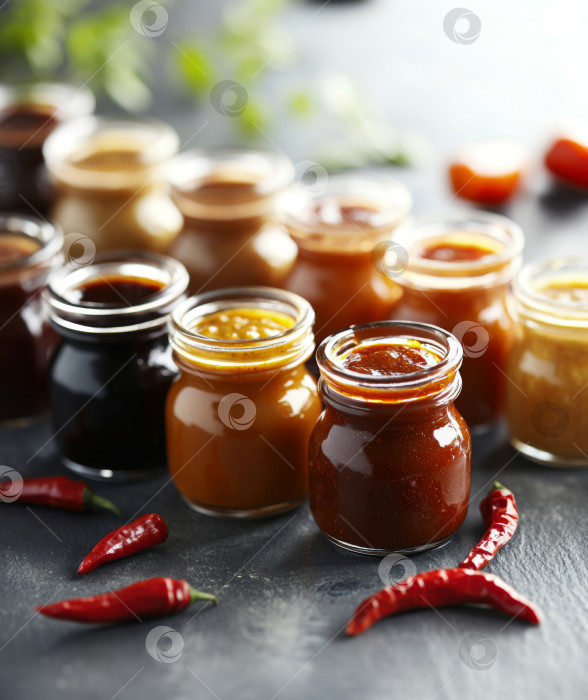 Скачать Разнообразные стеклянные баночки с острыми перечными соусами, идеально подходящие для оформления кулинарной тематики фотосток Ozero