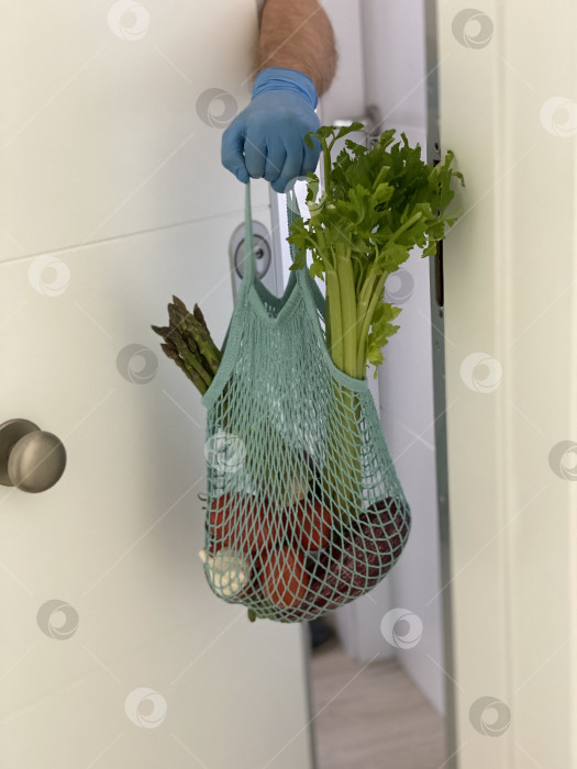 Скачать Рука в перчатке, держащая сетчатый пакет со свежими овощами через дверь, концепция доставки продуктов фотосток Ozero