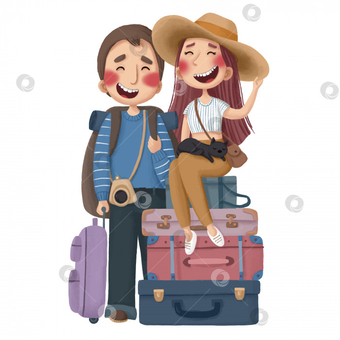 Скачать Милая мультяшная картинка с парнем и девушкой, которые собираются в путешествие, взяв с собой много чемоданов и кошку фотосток Ozero