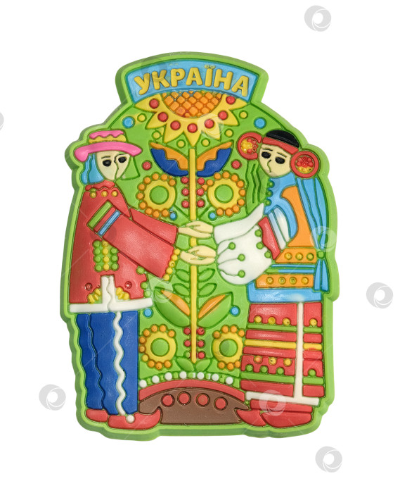 Скачать Сувениры (магниты) из Украины, выделенные на белом фоне. Перевод надписи на английском языке означает страну Украина. Элемент дизайна с контуром вырезки фотосток Ozero