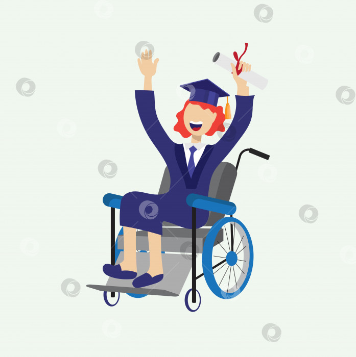 Скачать Девушка в инвалидном кресле счастлива получить диплом. Векторная иллюстрация в плоском стиле. фотосток Ozero