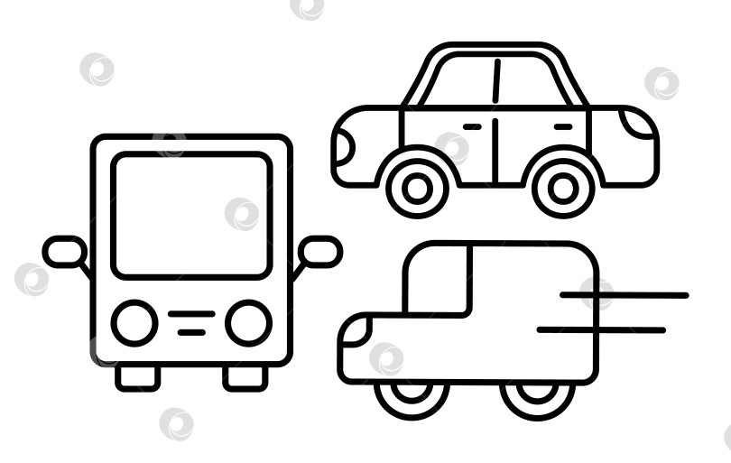 Скачать Набор контурного городского транспорта. Линейный автобус, легковой автомобиль. Элементы для детской раскраски. Путешествовать фотосток Ozero