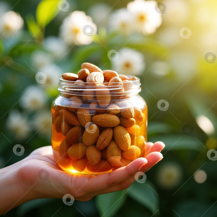 Скачать Банка с миндалём в мёде на фоне цветов — натуральный продукт в летнем освещении фотосток Ozero