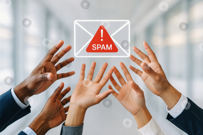 Скачать Повышение осведомленности: Руки тянутся к красному значку предупреждения, обозначающему спам в контексте цифровой коммуникации фотосток Ozero