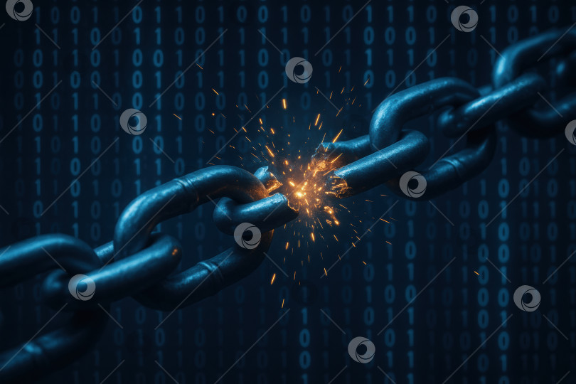Скачать Разорванная цепочка среди двоичного кода: символ нарушения безопасности и хрупкости цифровых соединений в эпоху высоких технологий фотосток Ozero