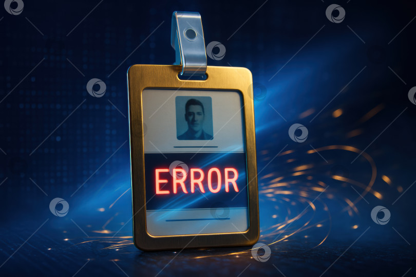 Скачать Идентификационный значок, на котором на видном месте отображается слово "ОШИБКА", отражающее проблемы с доступом или идентификацией, окруженный цифровым синим фоном и сверкающими элементами. фотосток Ozero