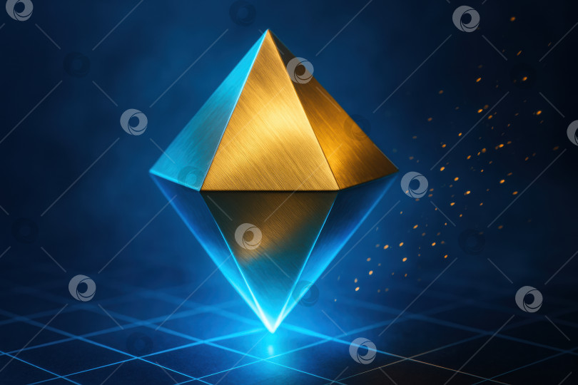 Скачать Потрясающе выполненная геометрическая пирамида, мерцающая золотым и голубым светом, окруженная Неземным сиянием и сверкающими частицами в Темной, мистической обстановке фотосток Ozero