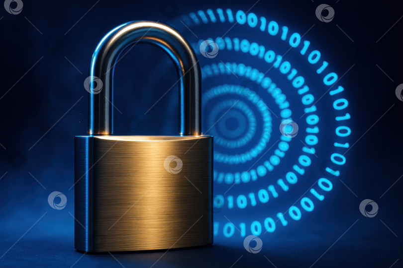 Скачать Надежный навесной замок на цифровом фоне Символизирует защиту данных и кибербезопасность в век информационных технологий фотосток Ozero
