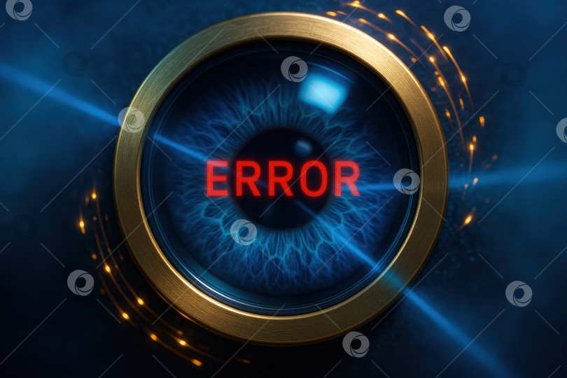 Скачать Светящийся глаз, символизирующий цифровую неисправность, с выделяющимся словом "ОШИБКА", окруженный футуристическими визуальными эффектами и интригующим фоном. фотосток Ozero