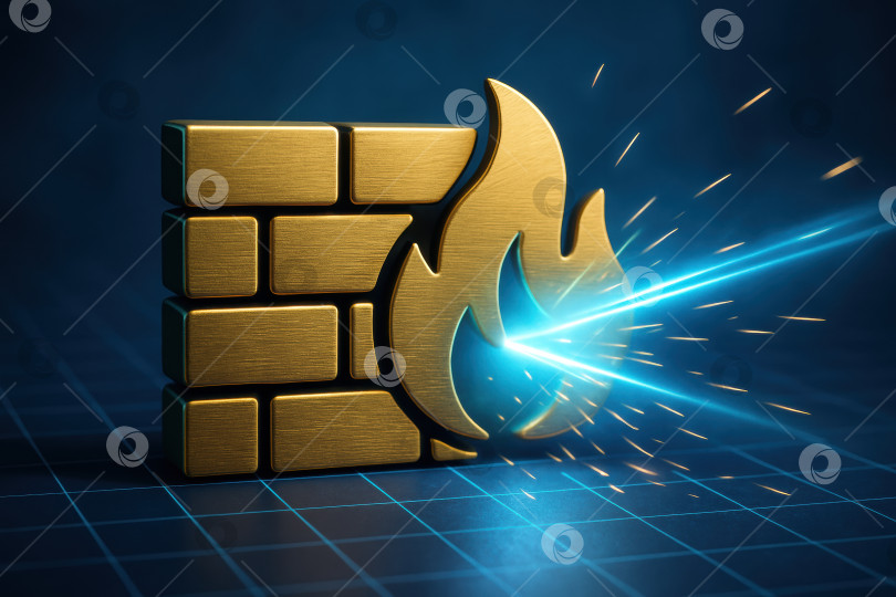 Скачать Символическое изображение кибербезопасности: Золотая стена с символическим пламенем и лазерным лучом, иллюстрирующая защиту от цифровых угроз. фотосток Ozero