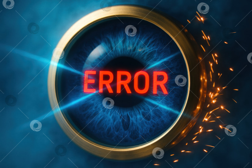 Скачать Яркое цифровое изображение символа ошибки внутри яркого, светящегося глаза, излучающего энергию и привлекающего внимание на гладком синем фоне. фотосток Ozero