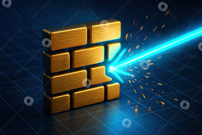 Скачать Потрясающая визуализация металлического блока, разрезаемого мощным синим лазерным лучом, создающим искры и подчеркивающим сложные детали поверхности фотосток Ozero