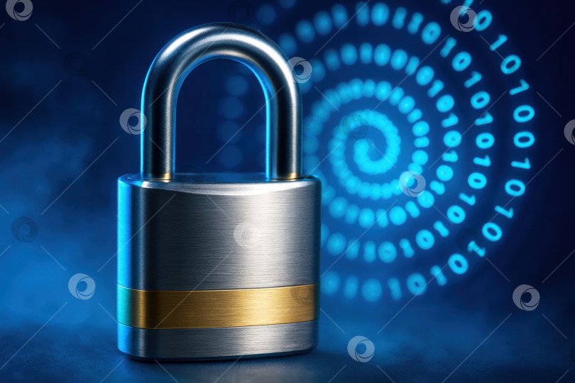 Скачать Надежный навесной замок на цифровом фоне, представляющий собой защиту данных, конфиденциальность и кибербезопасность в современную технологическую эпоху фотосток Ozero