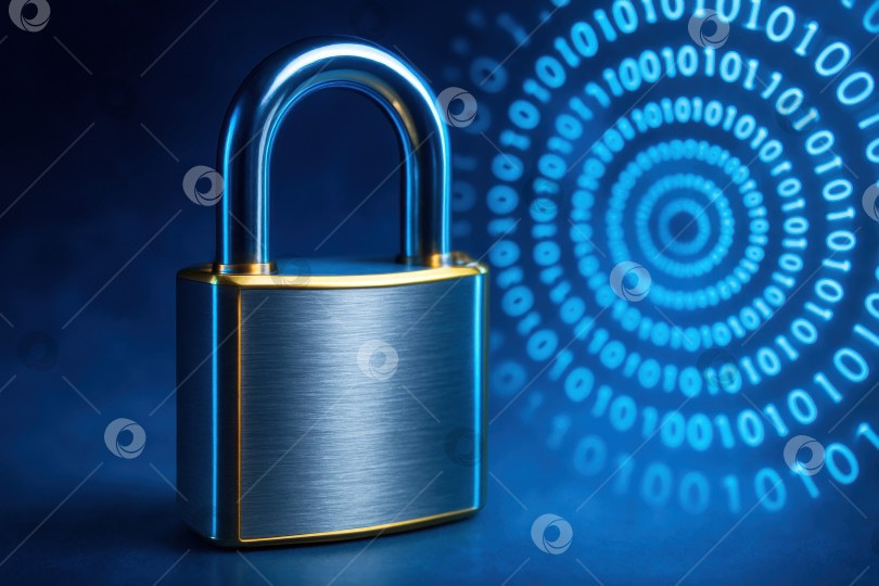 Скачать Цифровой замок, символизирующий кибербезопасность и защиту данных в технологическом ландшафте, с двоичным кодом, представляющим информационную безопасность фотосток Ozero