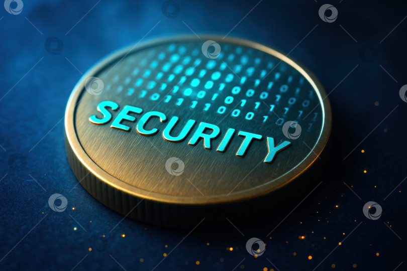 Скачать Крупный план круглой монеты со словом "SECURITY", украшенной двоичным кодом, символизирующим цифровую безопасность и защищенность в современную технологическую эпоху. фотосток Ozero