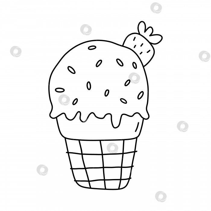 Скачать Симпатичное мороженое с клубникой, выделенное на белом фоне. Сладкая еда. Векторная рисованная иллюстрация в стиле каракули. Идеально подходит для различных дизайнов, открыток, украшений, логотипа, меню. фотосток Ozero