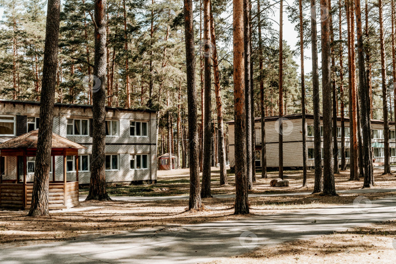 Скачать Москва, Россия, 7 июля 2020 года, Старые кирпичные здания советского пионерского лагеря на территории парка "Пустынный сосновый бор" фотосток Ozero