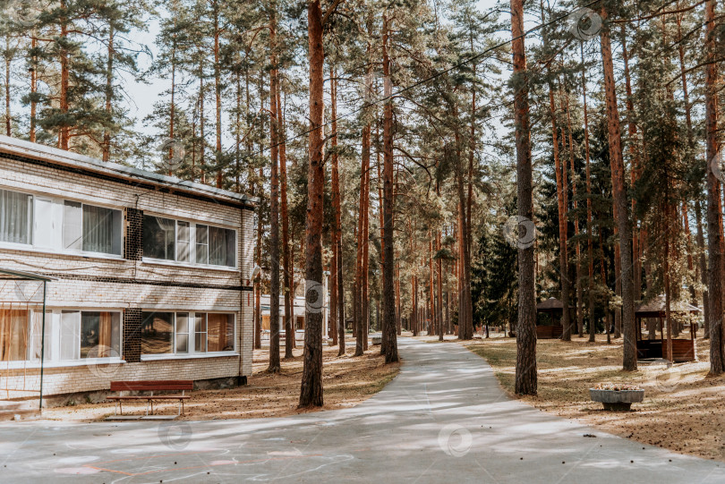 Скачать Москва, Россия, 7 июля 2020 года, Старые кирпичные здания советского пионерского лагеря на территории парка "Пустынный сосновый бор" фотосток Ozero