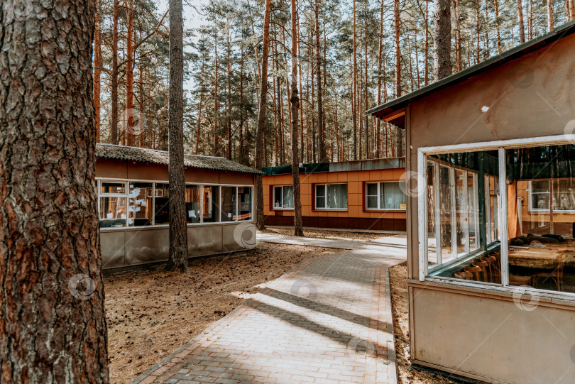 Скачать Москва, Россия, 7 июля 2020 года, Старые кирпичные здания советского пионерского лагеря на территории пустынного соснового леса парка фотосток Ozero