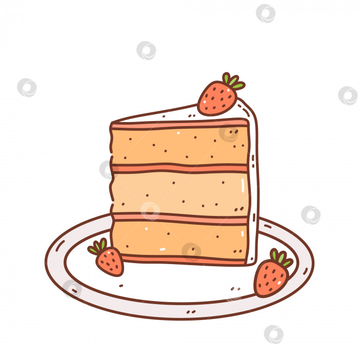 Скачать Симпатичный клубничный пирог на тарелке. Сладкий десерт, украшенный ягодами, выделенными на белом фоне. Векторная рисованная иллюстрация в стиле каракули.Идеально подходит для праздничного оформления, открыток, украшений, логотипа фотосток Ozero