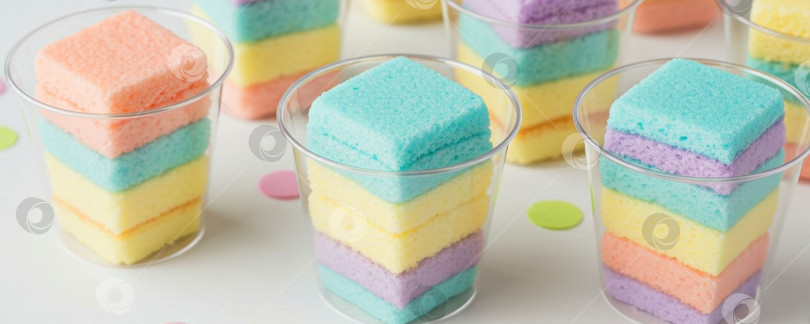 Скачать Яркий десерт с бисквитными коржами в пластиковом стаканчике. Сладкое радужное лакомство для вечеринки и праздничного торжества. фотосток Ozero
