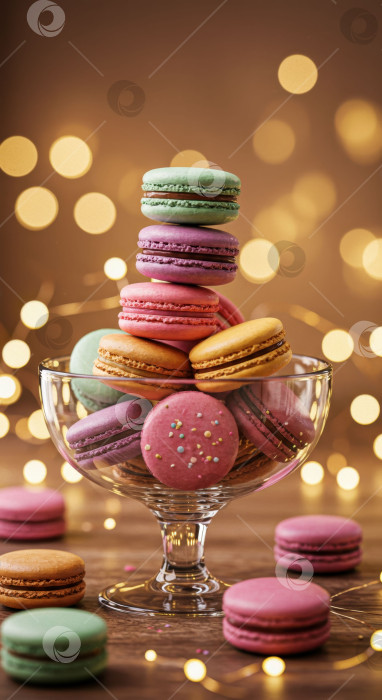 Скачать Множество разноцветных сладких макарон в стеклянной вазочке на деревянном столе со сверкающими бликами боке. На десерт - вкусное печенье с начинкой. фотосток Ozero