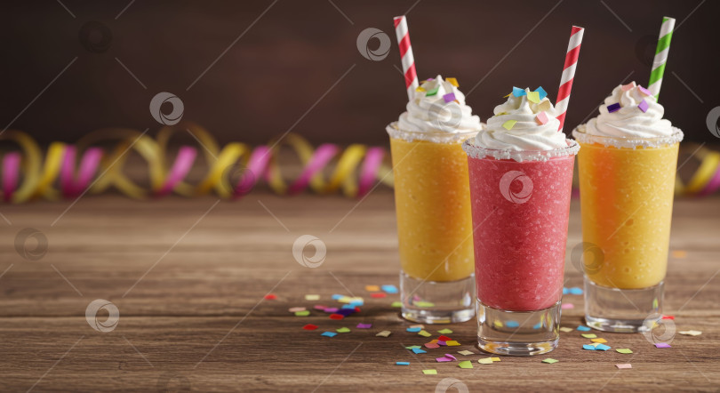 Скачать Три бокала разноцветных замороженных напитков со взбитыми сливками и бумажным конфетти на деревянном столе. Праздничный десерт или коктейль для празднования. фотосток Ozero