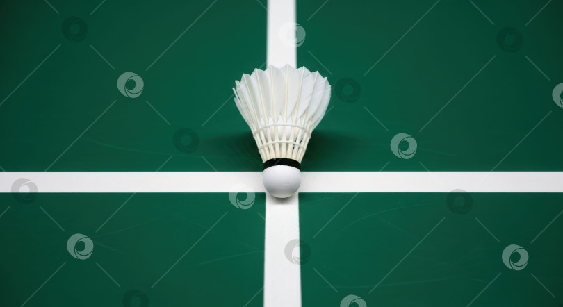 Скачать Белый волан для бадминтона, размещенный на зеленом корте с белыми линиями. фотосток Ozero