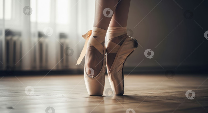 Скачать Женщина в балетных пуантах на деревянном полу, демонстрирующая элегантность и целеустремленность. фотосток Ozero
